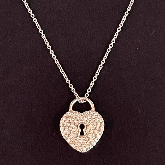 Tiffany & Co. Necklace Platinum Diamond Pave Heart Lock Pendant $4800 Stunning!! - Picture 5 of 14